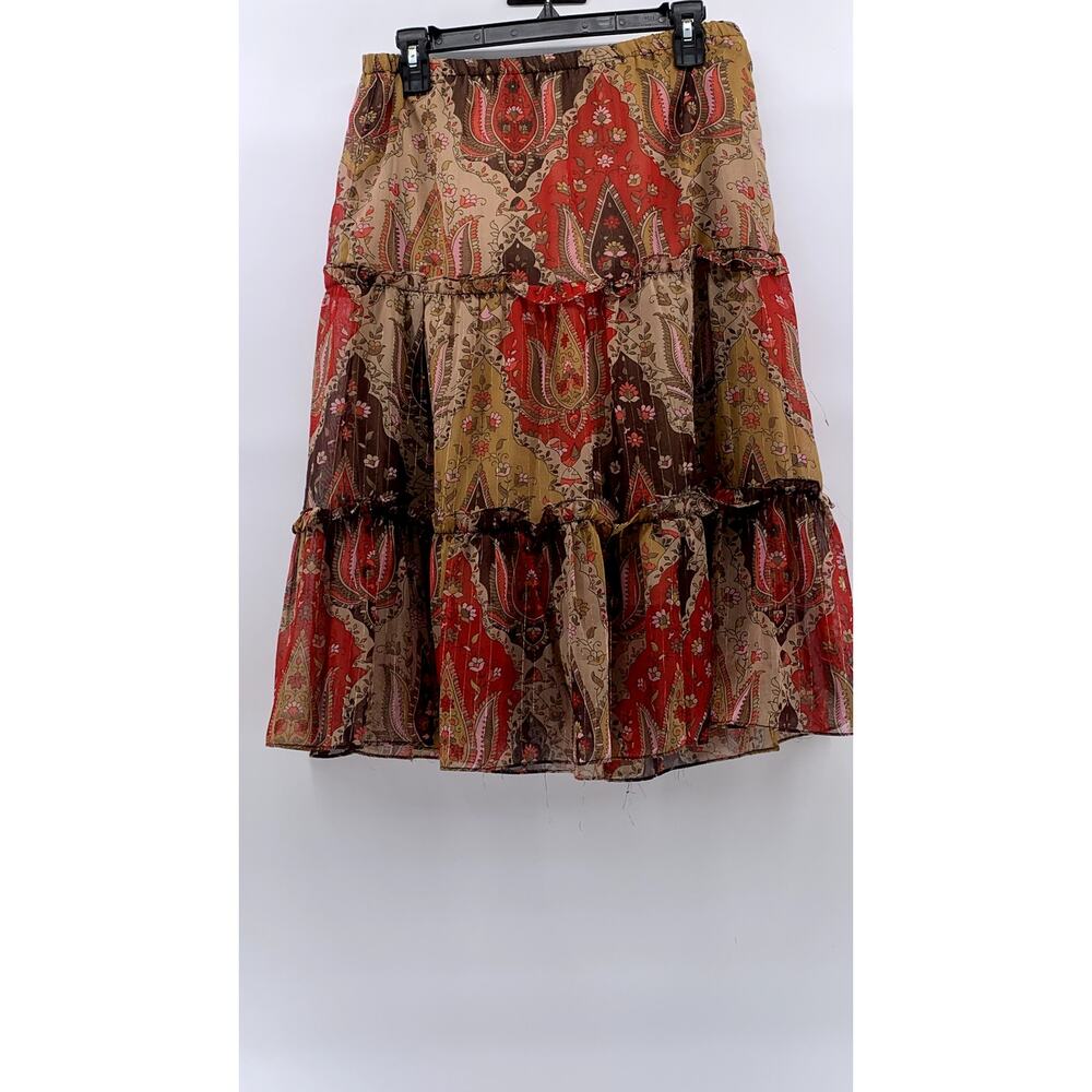 ZERO ZERO Women's Red-Tan Printed Tiered A-Line Knee Length Skirt SZ M